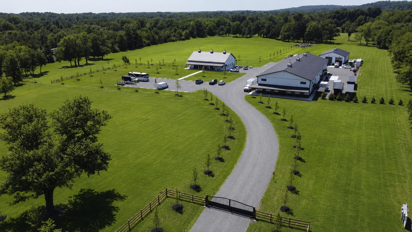 Aerial view of the fields and barns at Baldwins Creek Farm