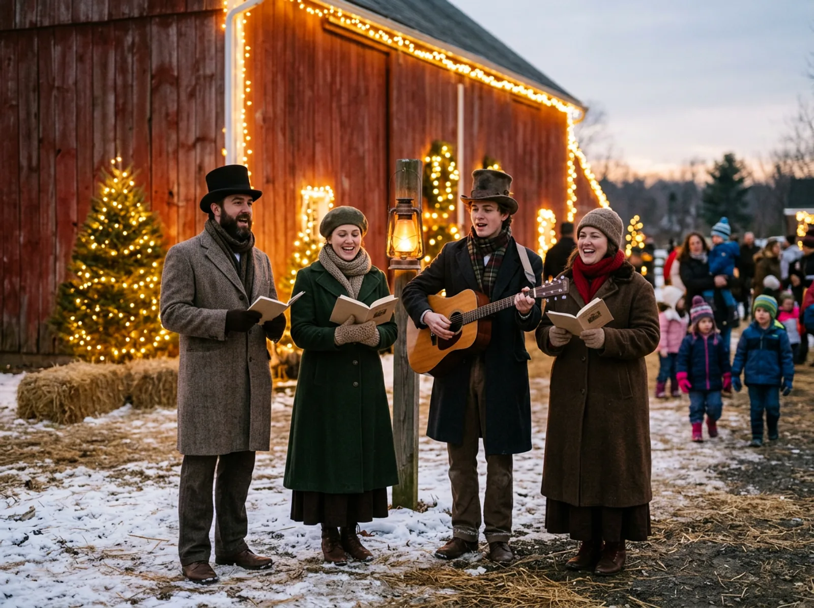 Baldwins Creek Farm - Hopewell Township, NJ: Christmas carolers in vintage winter coats singing with a guitar beside the lit red barn