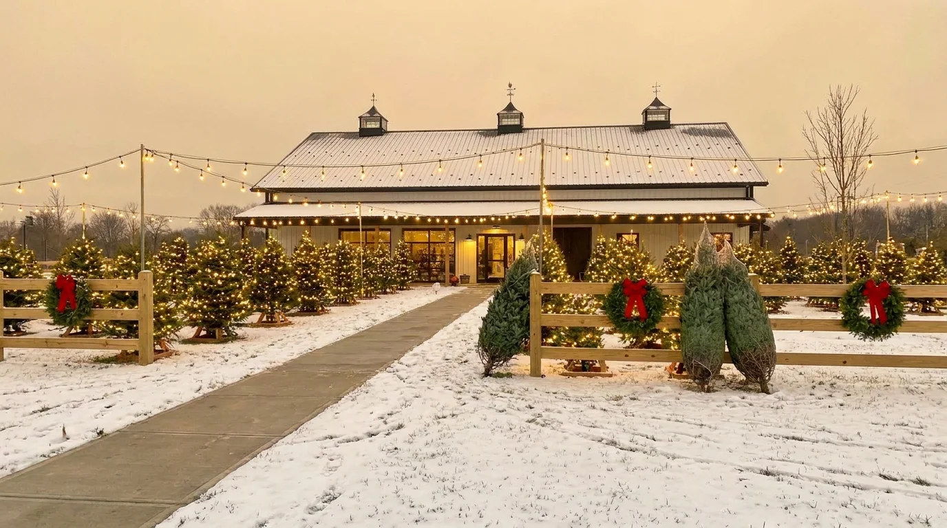 Baldwins Creek Farm - Hopewell Township, NJ: rows of fresh Christmas trees under string lights by the barn