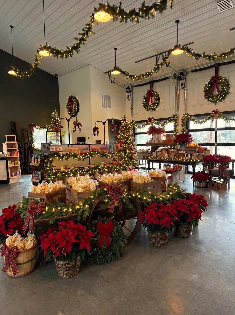 Baldwins Creek Farm - Hopewell Township, NJ: inside the farm market at Christmas with a wagon of popcorn, poinsettias, and holiday mugs