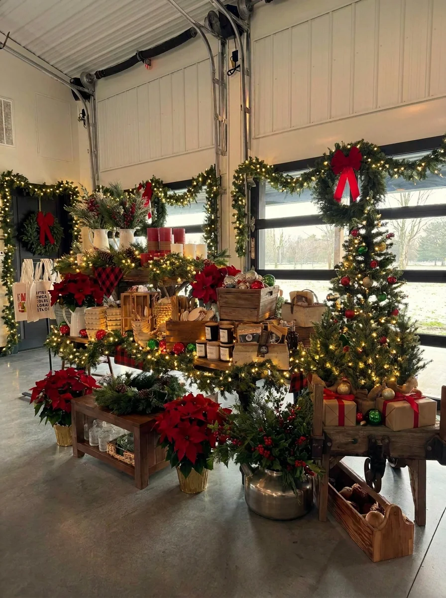 Baldwins Creek Farm - Hopewell Township, NJ: fresh wreaths, poinsettias, and candles on a rustic table