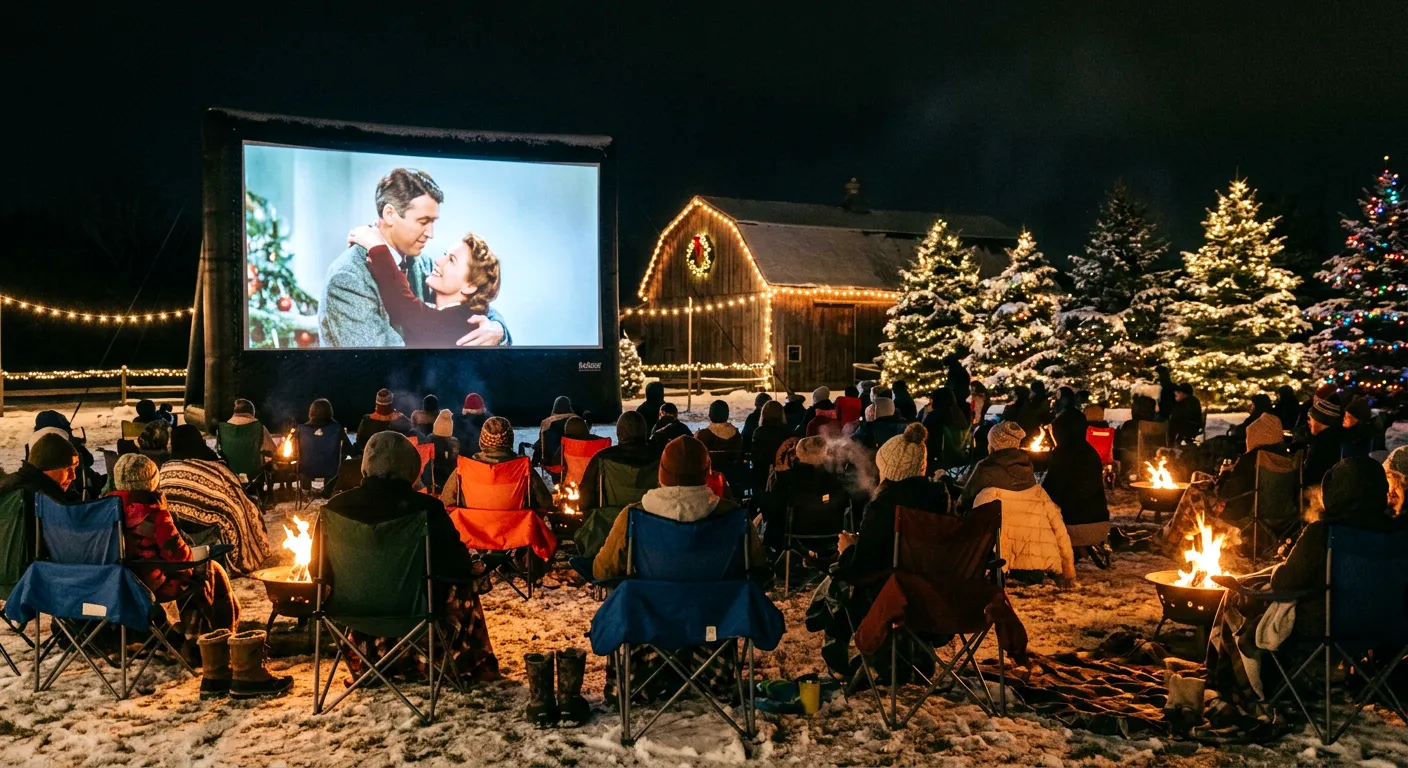 Baldwins Creek Farm - Hopewell Township, NJ: families on blankets watching a Christmas movie on a 30-foot outdoor screen
