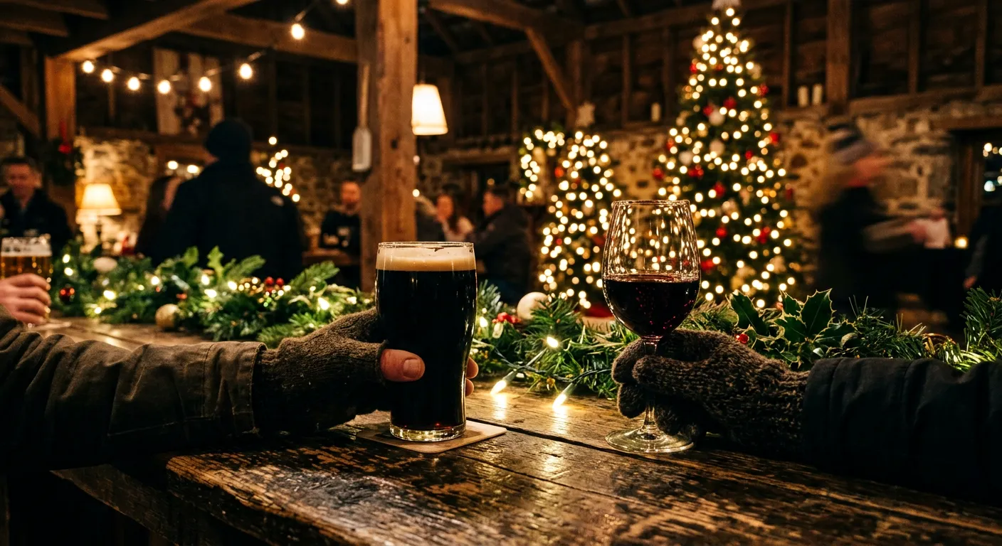 Baldwins Creek Farm - Hopewell Township, NJ: beer and red wine on a rustic barn bar decorated for Christmas