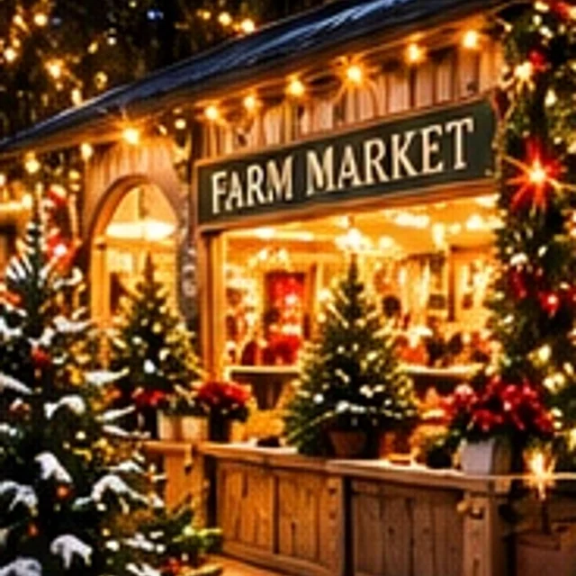 Baldwins Creek Farm - Hopewell Township, NJ: farm market decorated for Christmas with trees and wreaths for sale