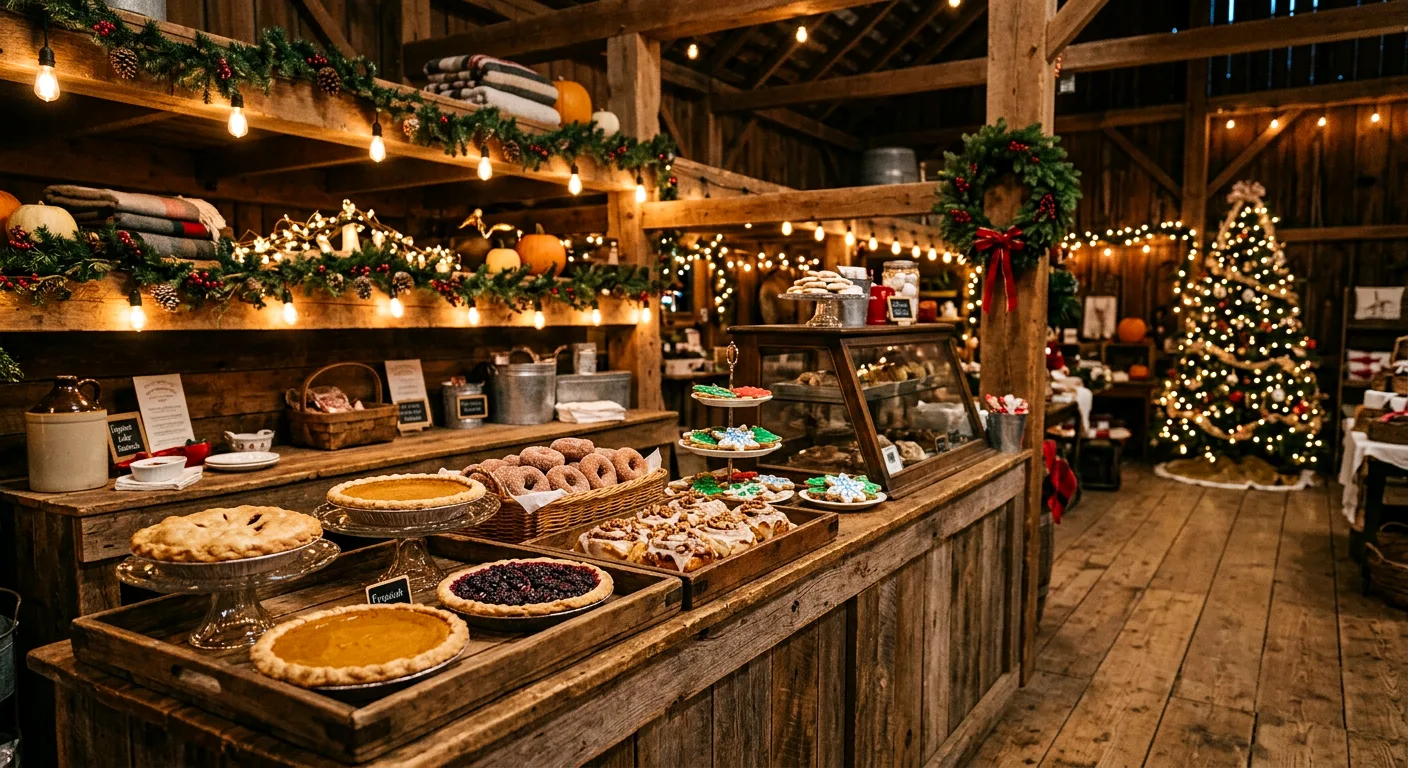Baldwins Creek Farm - Hopewell Township, NJ: farm bakery counter with fresh pies, donuts and Christmas cookies