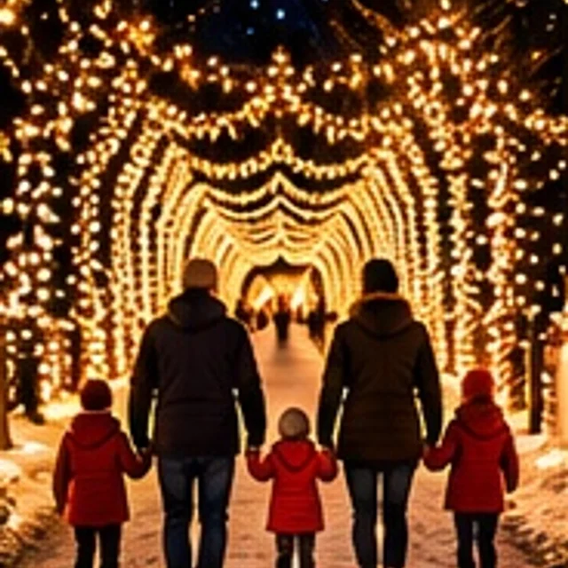 Baldwins Creek Farm - Hopewell Township, NJ: family on the Holiday Light Walk Thru under arches of Christmas lights