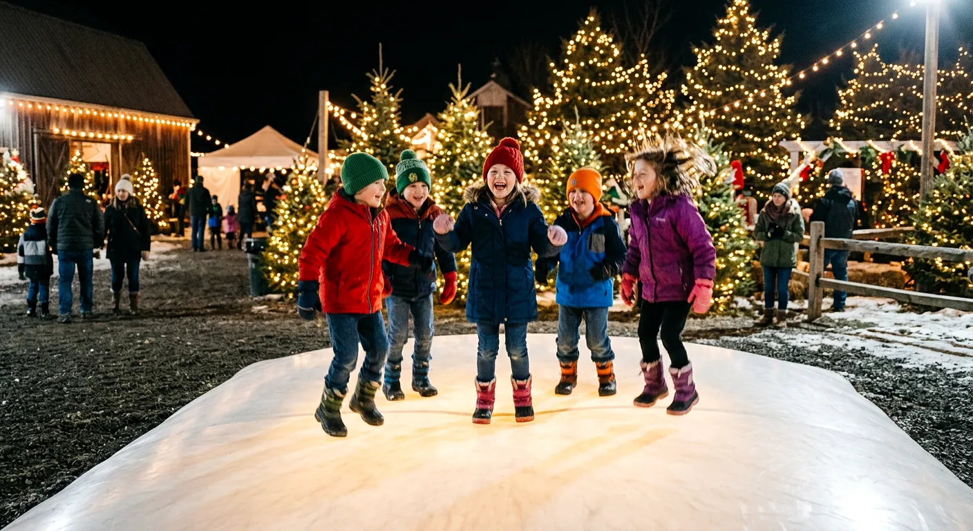 Baldwins Creek Farm - Hopewell Township, NJ: kids in winter coats jumping on the jump pad under Christmas lights