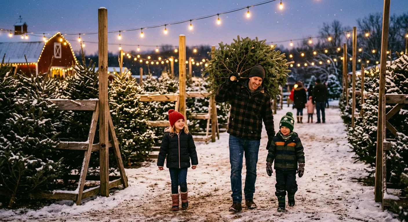 Baldwins Creek Farm - Hopewell Township, NJ: family choosing a fresh pre-cut Christmas tree at the farm