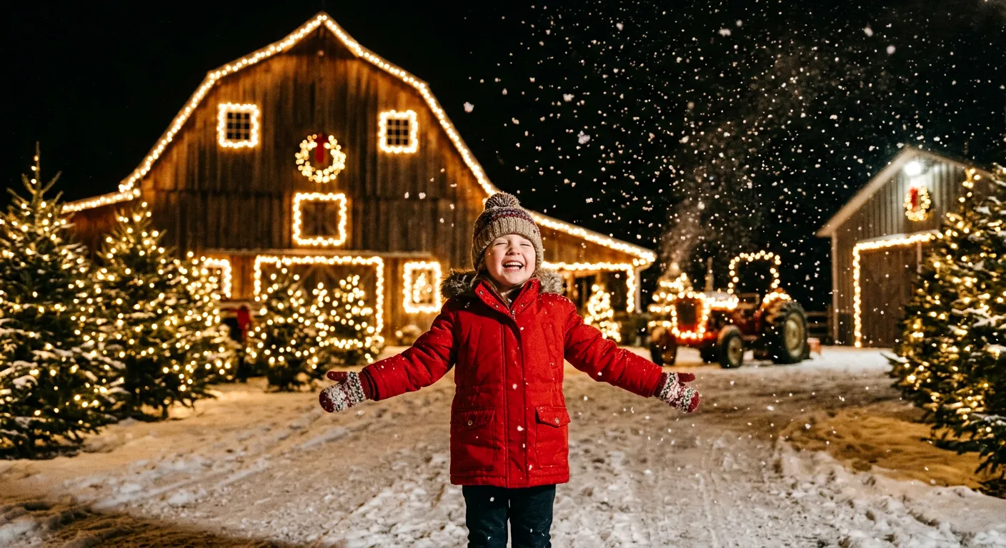 Baldwins Creek Farm - Hopewell Township, NJ: child catching falling snow under Christmas lights