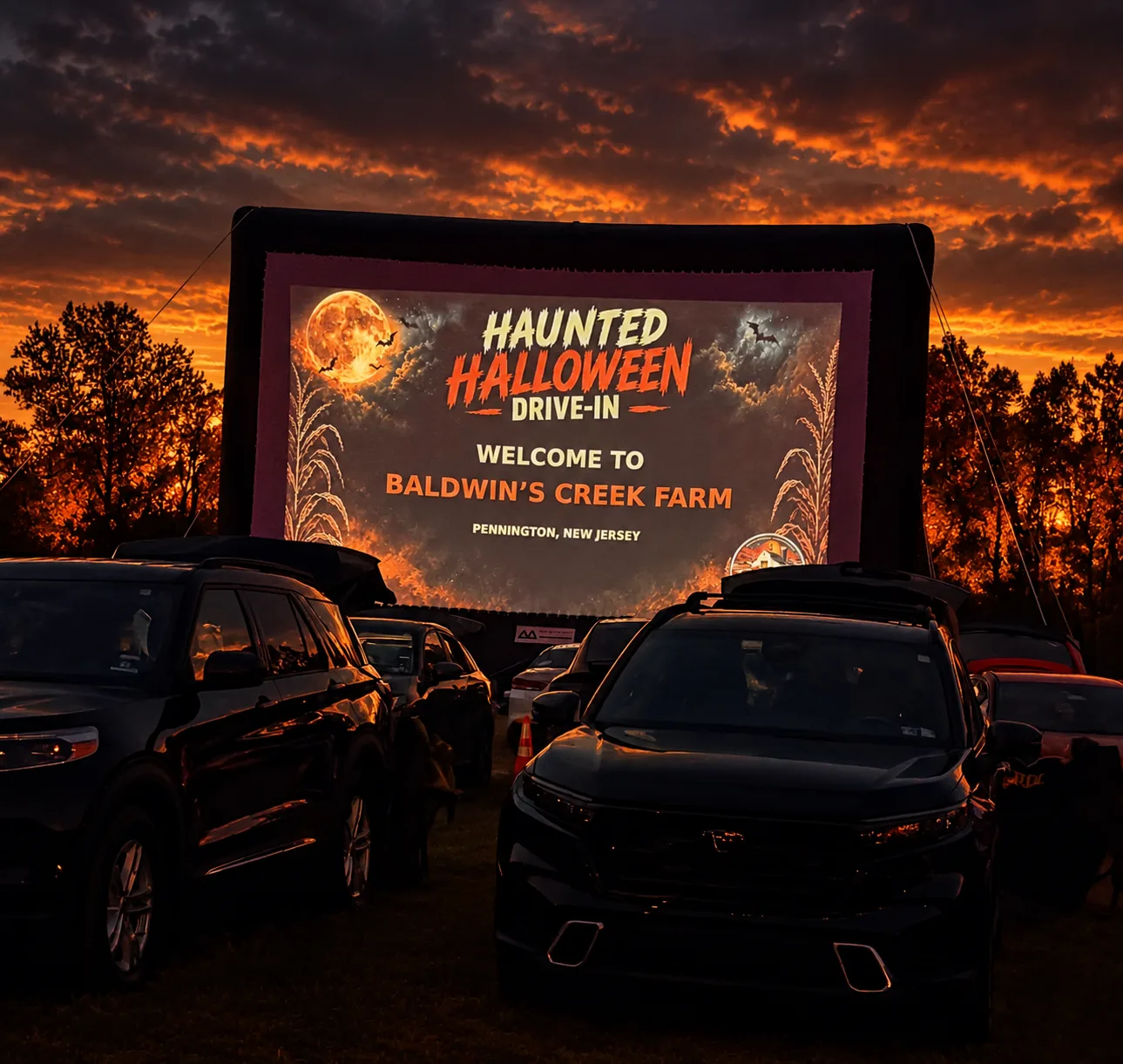 Baldwins Creek Farm - Hopewell Township, NJ: Haunted Halloween Drive-In movie screen glowing under a fiery orange sunset with cars parked in front