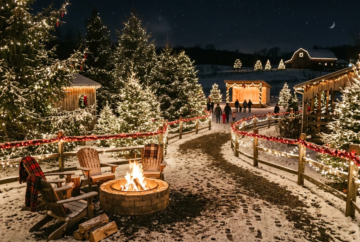 Baldwins Creek Farm - Hopewell Township, NJ: private campfire site with a glowing fire pit among Christmas lights