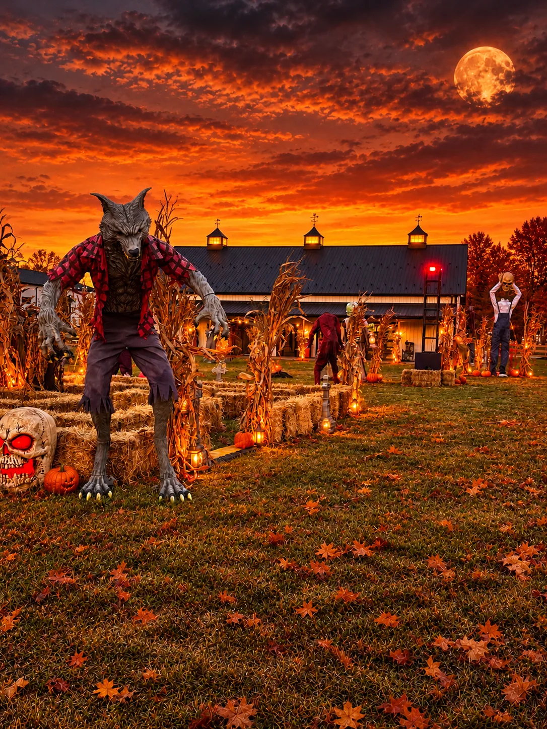 Baldwins Creek Farm - Hopewell Township, NJ: kids hay bale maze lined with lanterns and corn stalks, guarded by a werewolf at sunset