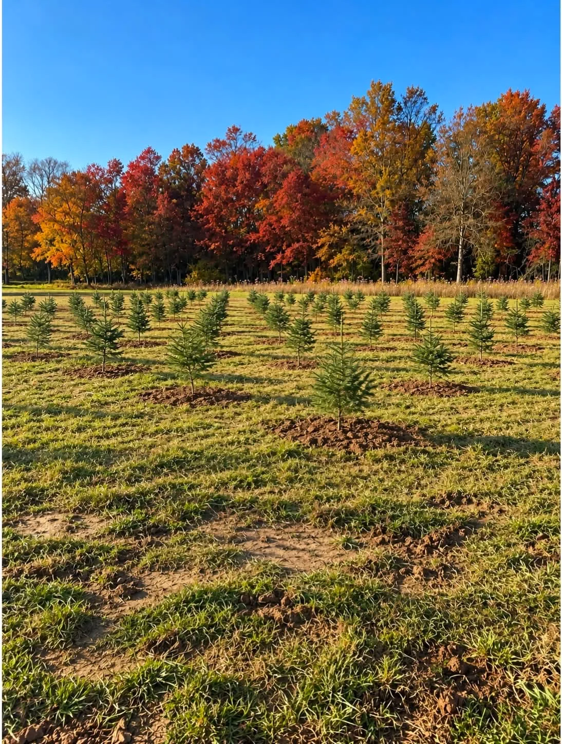 Baldwins Creek Farm - Hopewell Township, NJ: a field of young Norway spruce saplings planted in rows in front of red and orange fall trees