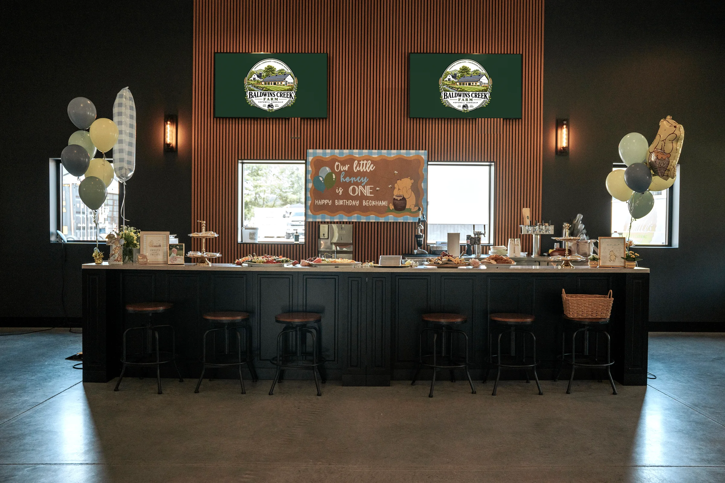 Baldwins Creek Farm - Hopewell Township, NJ: private event space with a long bar, two screens, and a party set up